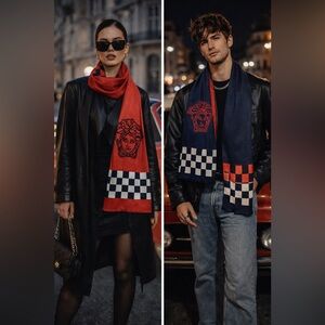 Versace Medusa Scarf Red & Navy • Iconic Logo • Unisex Luxury • Statement Piece